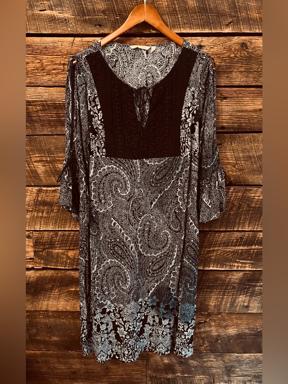 Soft Surroundings paisley print dress 3/4 sleeve relaxed fit crochet detail L